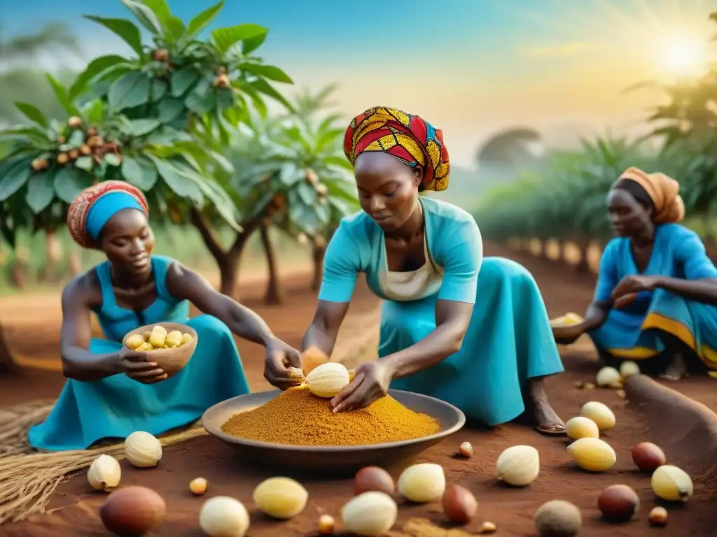 Mujeres africanas cosechando nueces de karité bajo el sol dorado en una aldea rural