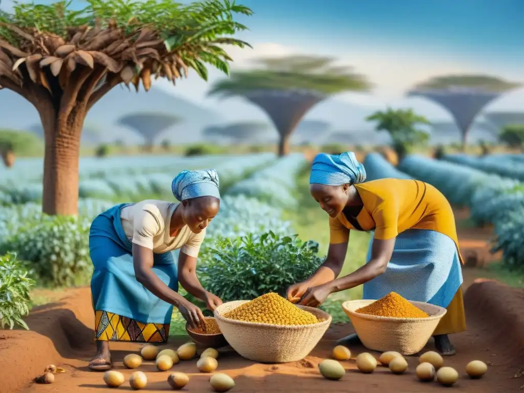 Mujeres africanas recolectando nueces de karité bajo el sol dorado de la sabana, mostrando los beneficios del aceite de shea