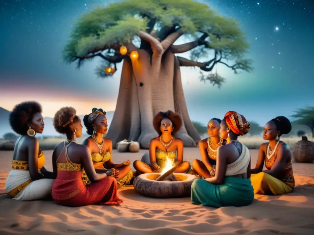 Mujeres africanas realizando oraciones y hechizos bajo un baobab, en una ceremonia espiritual mística
