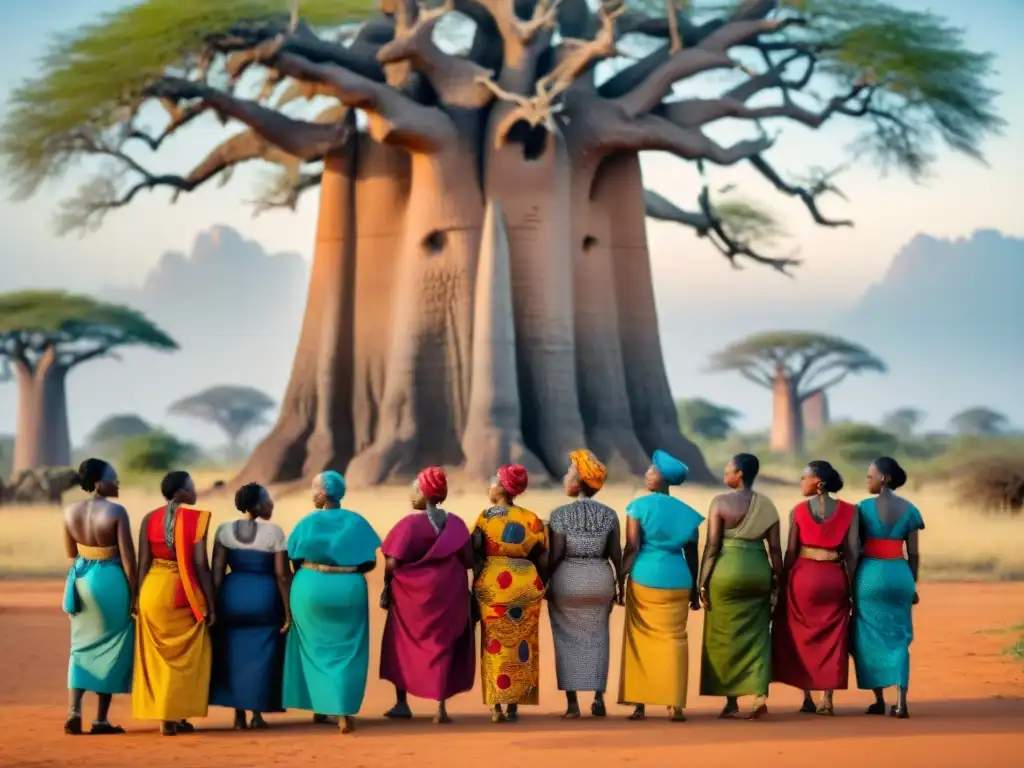 Mujeres africanas que desafiaron patriarcado: Grupo animado bajo baobab, compartiendo historias y estrategias con determinación y solidaridad