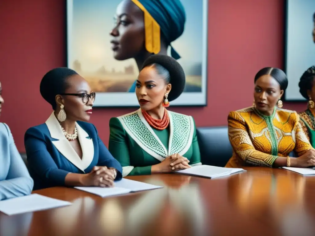 Mujeres africanas que desafiaron patriarcado reunidas en profunda discusión en sala moderna