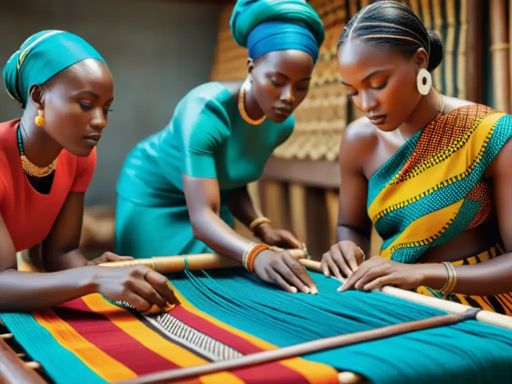 Mujeres africanas tejiendo en telar, patrones textiles africanos significado cultural