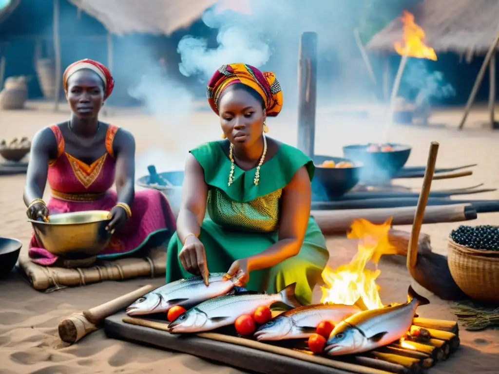 Mujeres africanas ahumando pescado fresco sobre fuego, técnicas conservación alimentos ingenio africano