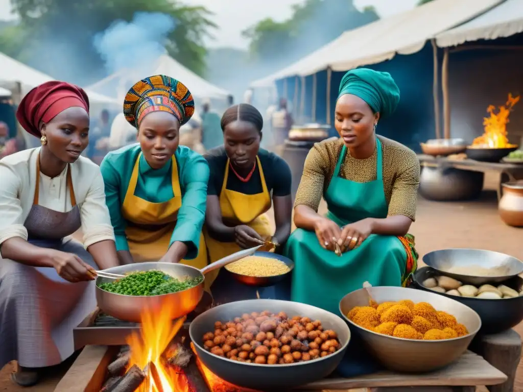 Mujeres africanas preparando platos africanos de resistencia en un mercado vibrante