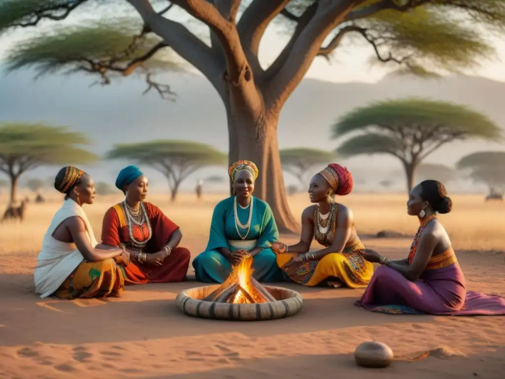 Mujeres africanas realizando prácticas ancestrales de maternidad en un ritual bajo un árbol al atardecer