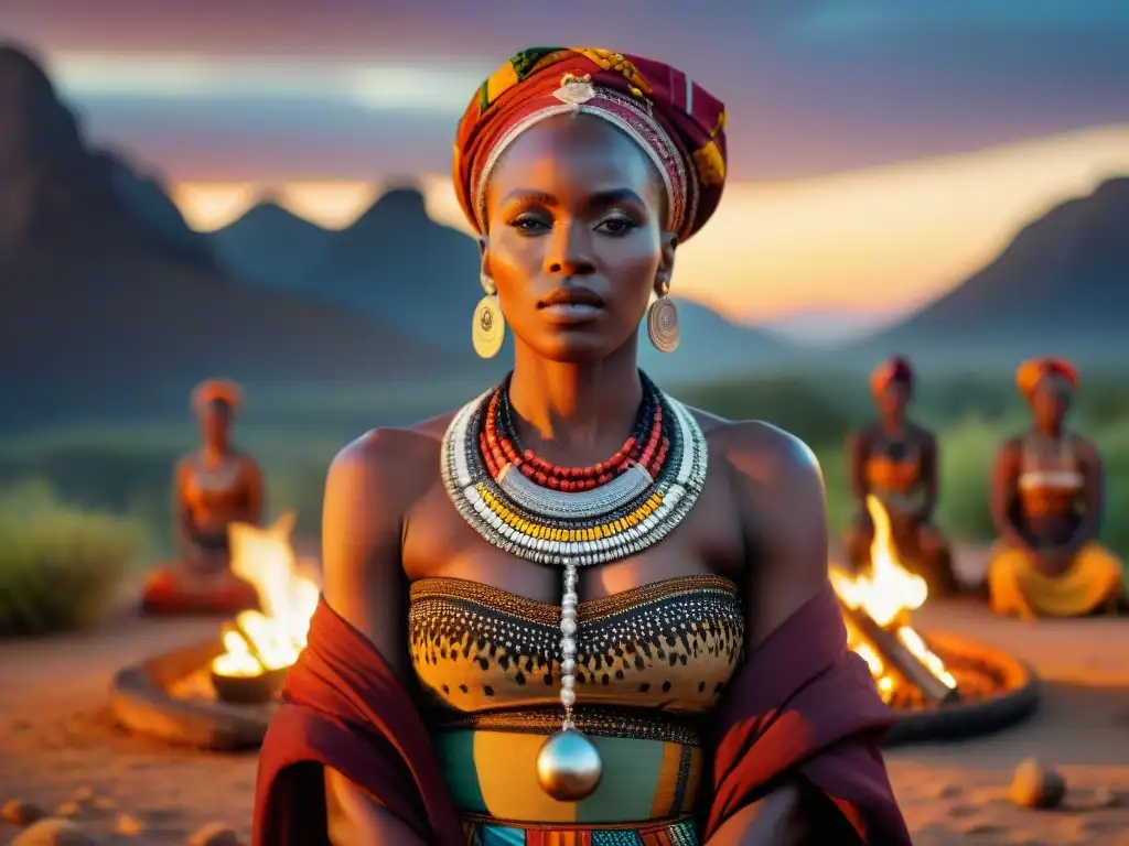 Mujeres africanas en prácticas espirituales, envueltas en tradiciones ancestrales junto al fuego sagrado bajo el cielo nocturno