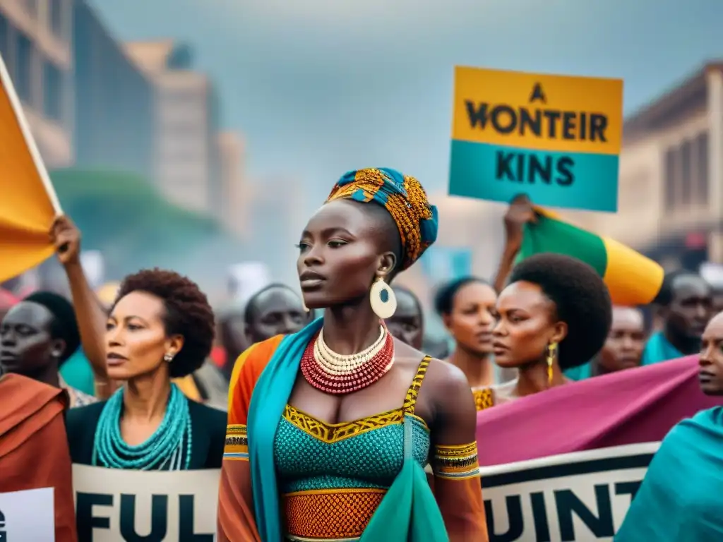 Mujeres africanas en protesta, con mensajes empoderadores y vestimenta tradicional, luchando contra la opresión de género en África