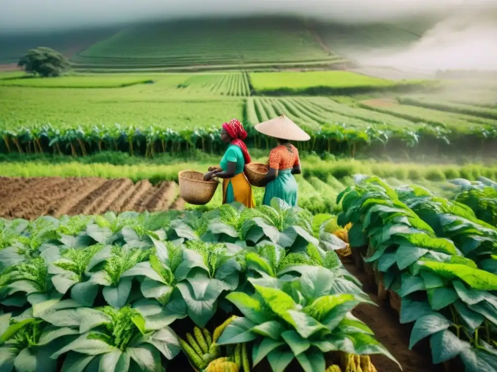 Empoderamiento femenino: Mujeres africanas trabajando juntas en el campo Mujeres africanas en redes comerciales trabajando juntas en un campo verde, vistiendo ropa tradicional y cosechando cultivos