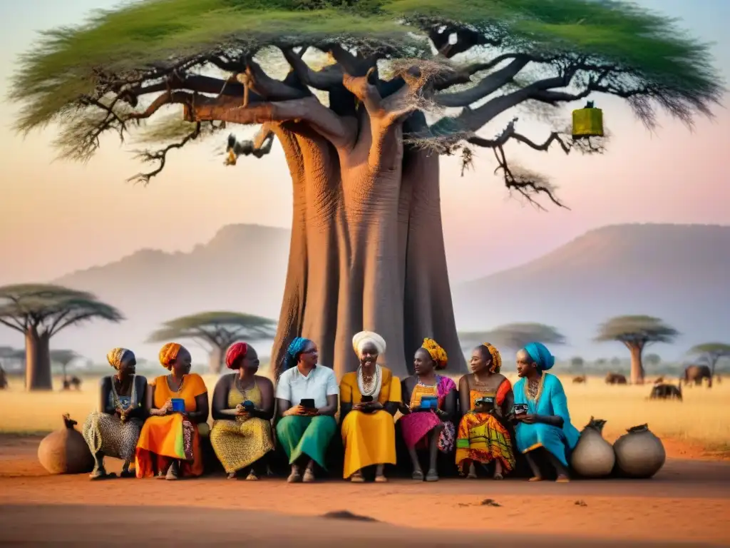 Mujeres africanas usando redes sociales bajo baobab en un pueblo, fusionando tradición y tecnología en África