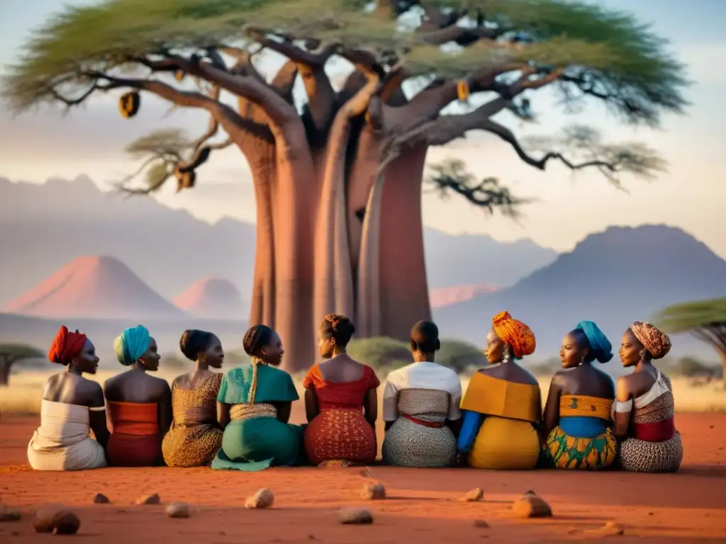 Mujeres africanas reunidas bajo baobab, demostrando determinación y solidaridad