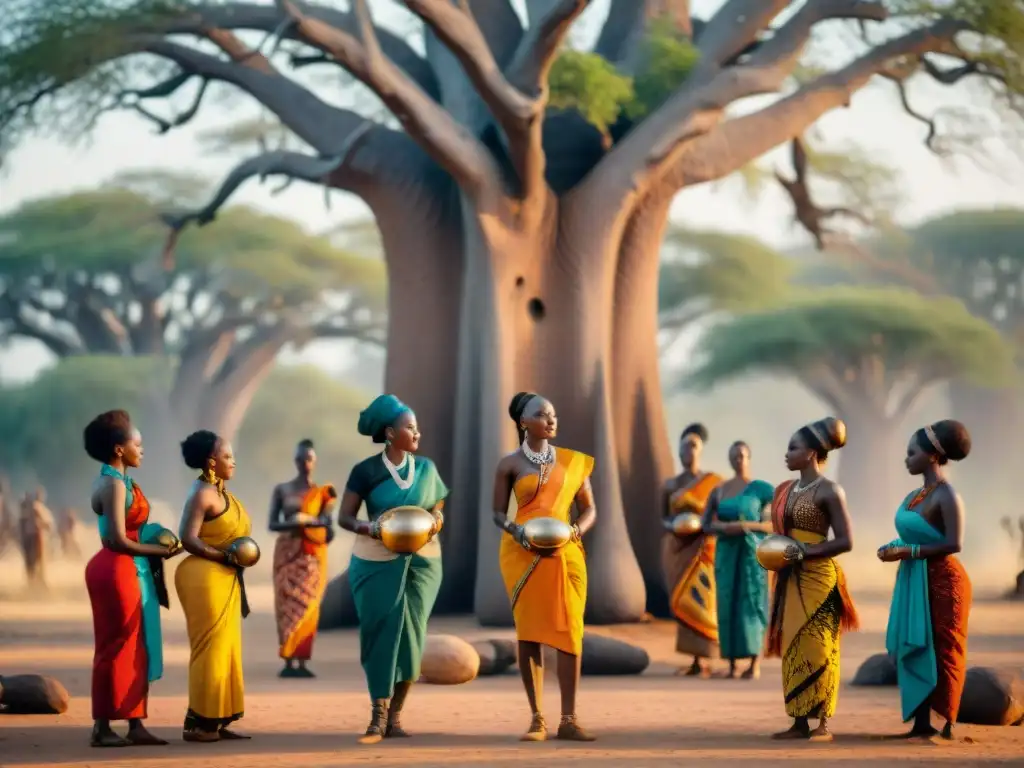 Mujeres africanas realizando un ritual bajo un baobab, reflejando la importancia de los rituales africanos