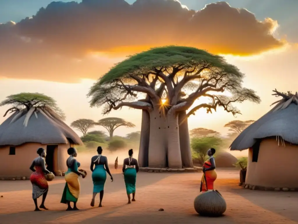 Mujeres africanas realizando un ritual de nacimiento al amanecer en una aldea rural