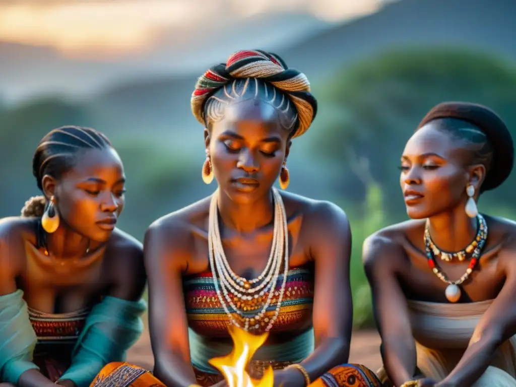 Mujeres africanas en ritual sagrado alrededor del fuego bajo el cielo estrellado, emanando divinidad femenina en África