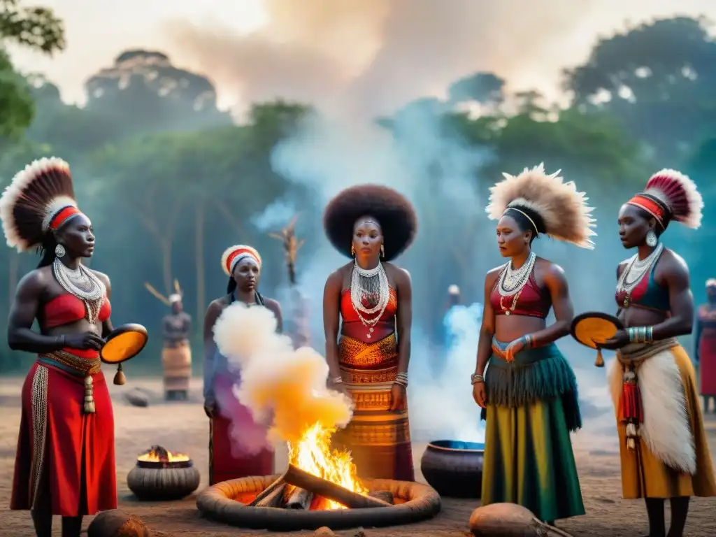 Mujeres chamanas africanas realizan ritual de sanación en bosque sagrado, con fuego y vestimenta tradicional vibrante