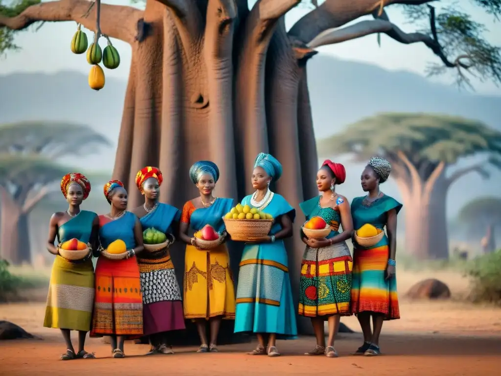 Mujeres africanas en rituales de fertilidad bajo baobab con frutas y vegetales coloridos