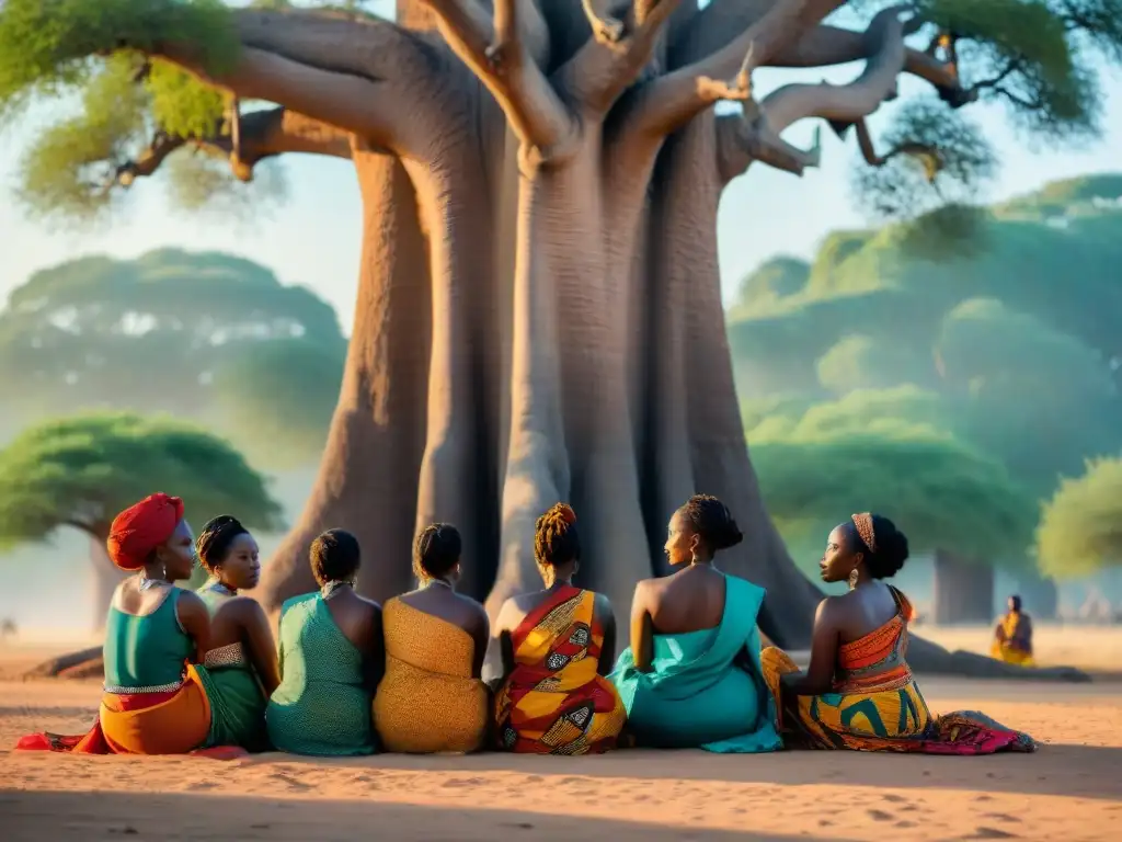 'Mujeres africanas sabias en círculo bajo baobab transmiten influencia global'