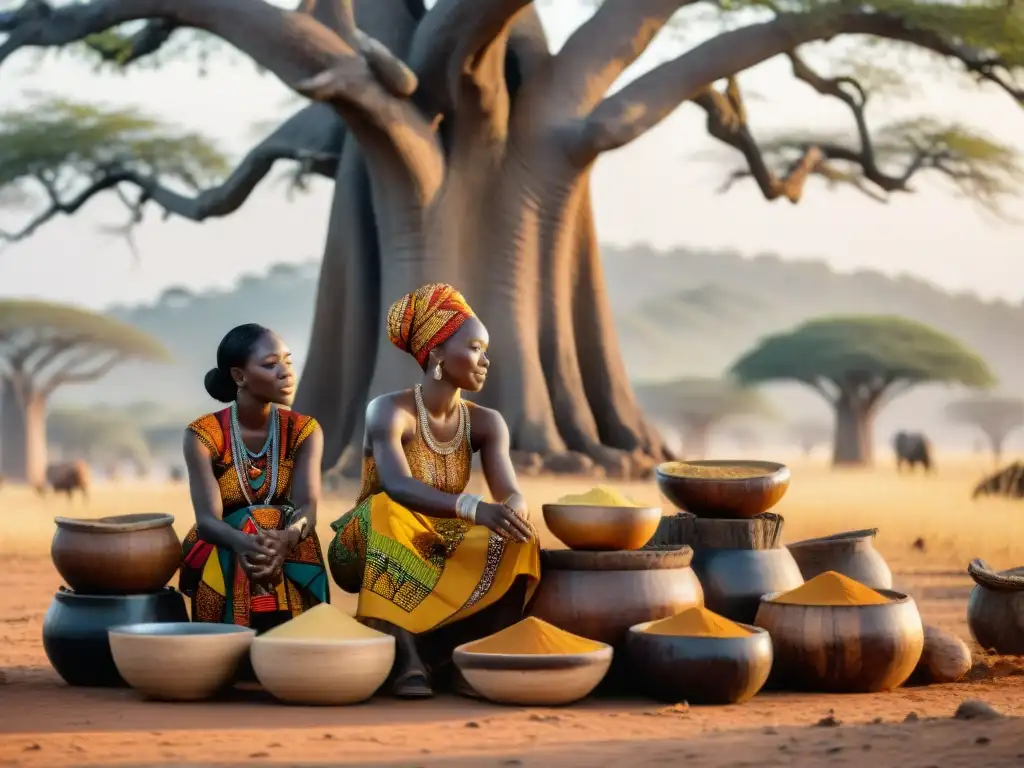 Mujeres africanas elaborando shea butter bajo un baobab, reflejando los beneficios del aceite de shea en Ghana