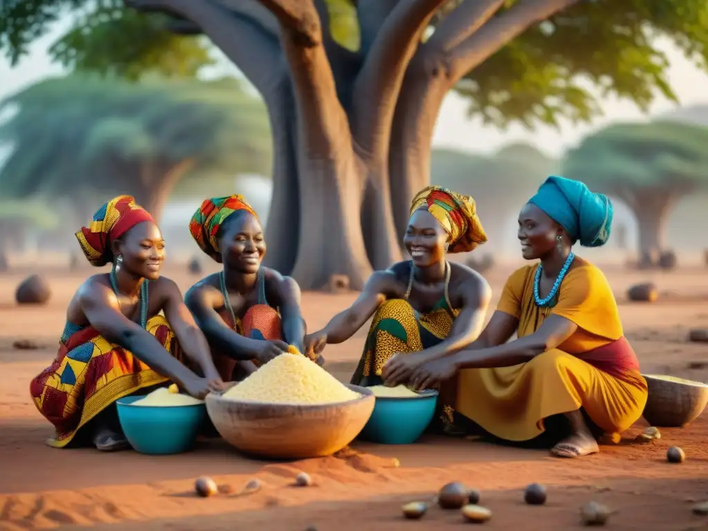 Mujeres africanas producen shea bajo un baobab al atardecer