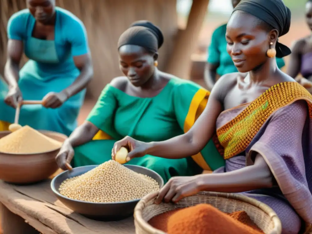 Mujeres africanas elaborando shea butter en vibrante mercado