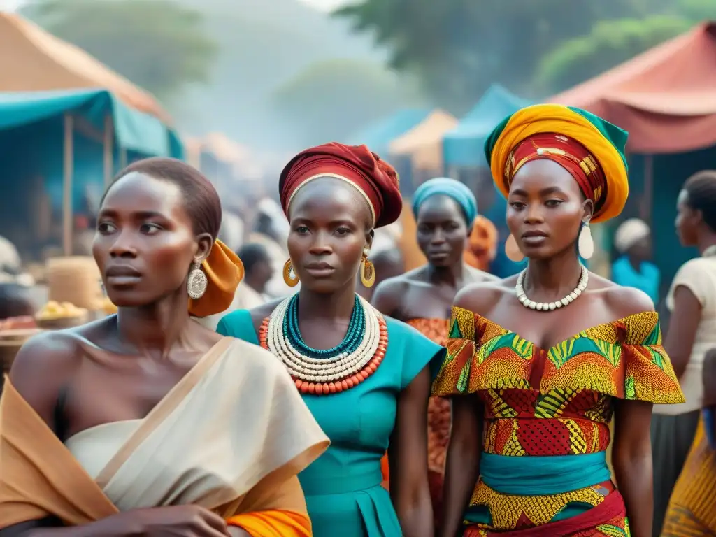 Mujeres africanas en sistemas económicos tradicionales, comerciando en un mercado vibrante bajo el sol africano