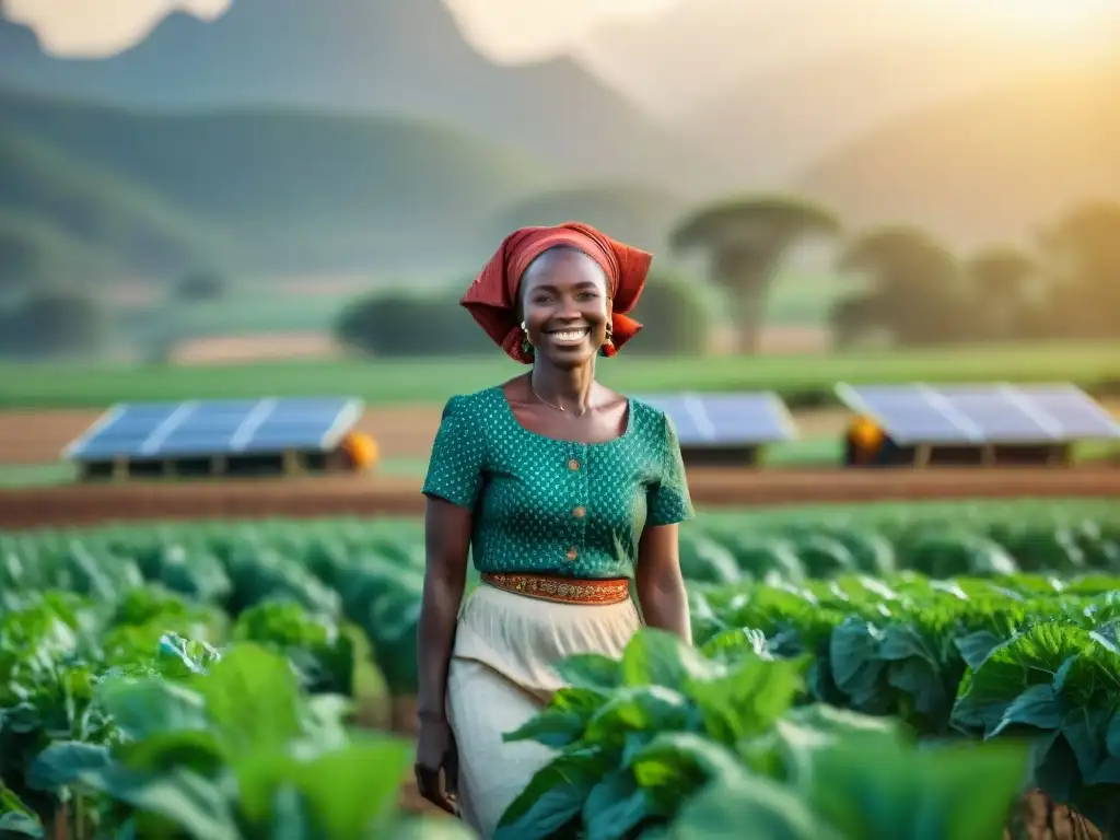 Mujeres africanas usan sistemas de riego sostenible al atardecer en campo verde