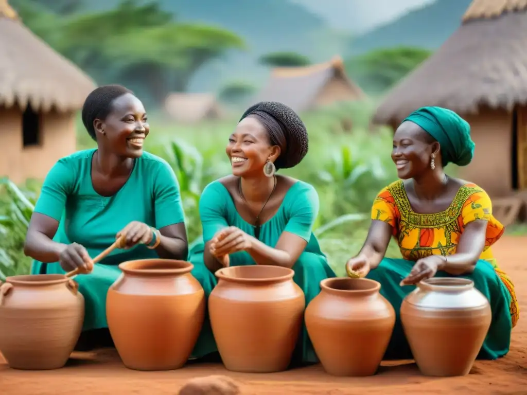 Mujeres africanas sonrientes fermentando bebida tradicional en aldeas con raíces africanas biotecnología contemporánea