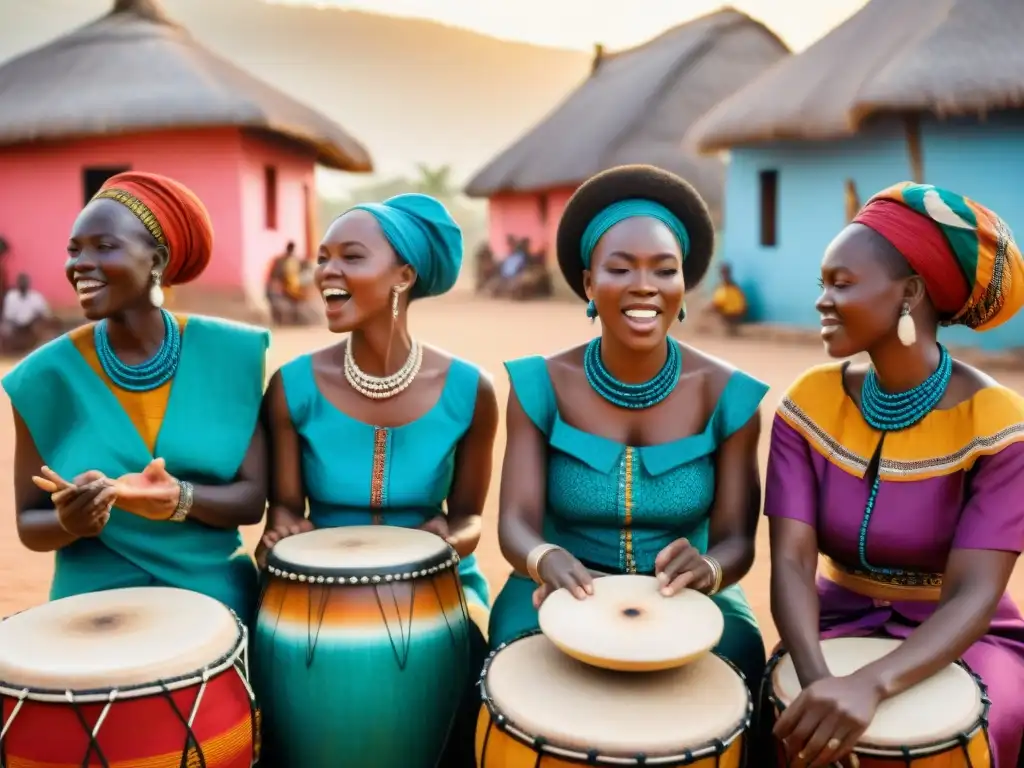 Mujeres africanas tocando tambores y cantando juntas en una aldea colorida, mostrando la importancia de la música en la resistencia cultural africana