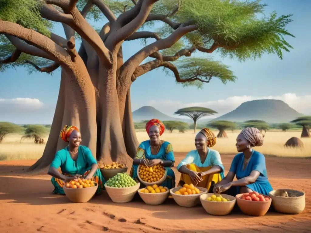 Mujeres africanas practicando técnicas conservación alimentos con ingenio bajo baobab en la sabana africana