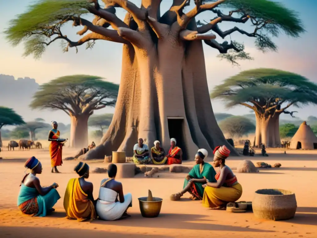 Mujeres africanas en tecnología antigua, colaborando en planos arquitectónicos bajo un baobab ancestral