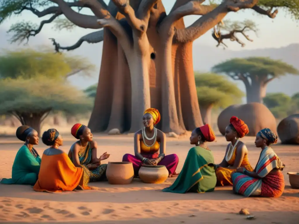 Mujeres africanas en la conservación de tradiciones bajo baobab al atardecer