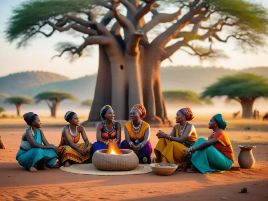 Mujeres africanas preservando tradiciones bajo un baobab al atardecer