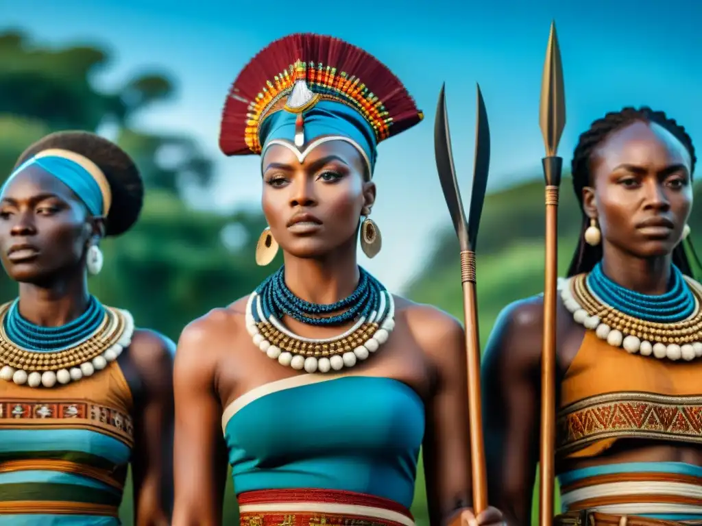 Mujeres africanas en trajes de guerreras, mostrando fuerza y valentía en un paisaje verde y cielo azul