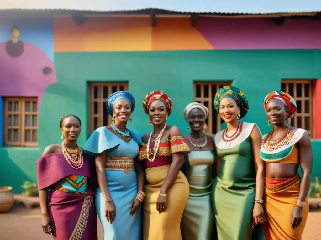 Mujeres africanas vistiendo trajes tradicionales con simbolismo representativo de civilizaciones africanas, frente a un mural colorido