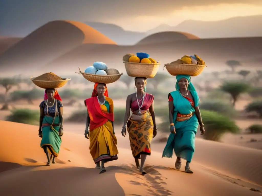 Mujeres africanas con trajes tradicionales, llevando cestas en la cabeza, cruzan un paisaje árido