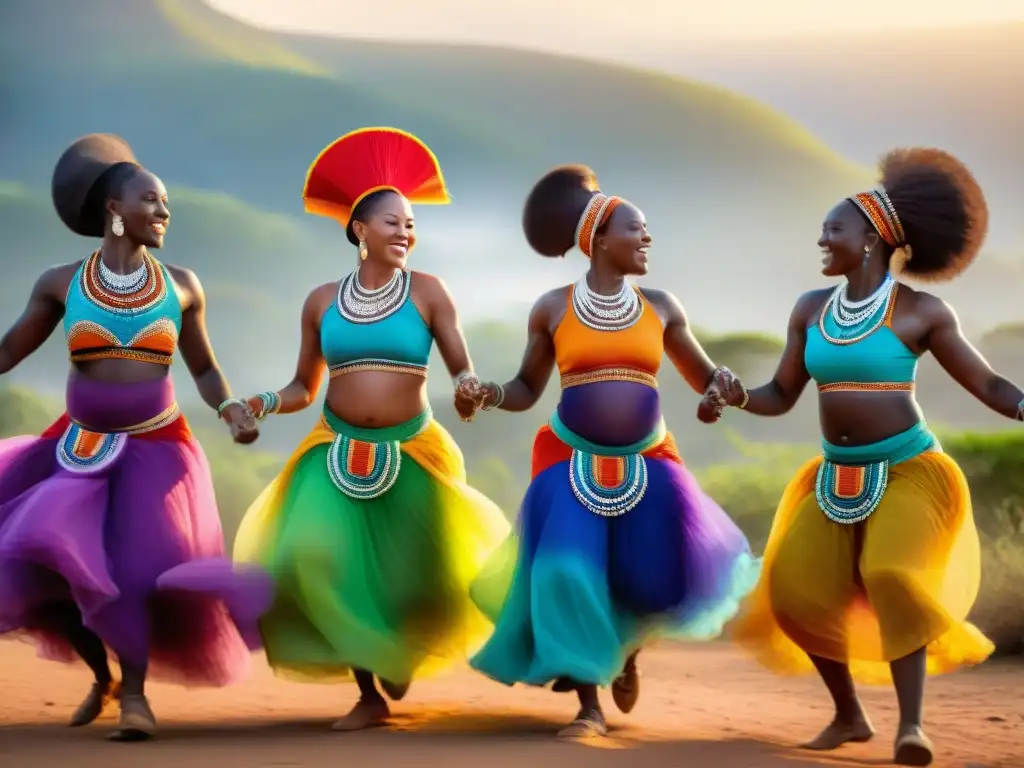 Mujeres africanas con trajes tradicionales y cuentas danzando al sol en una danza de fertilidad en África