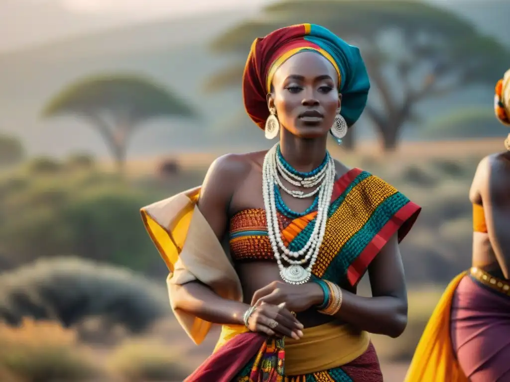 Mujeres africanas danzando en trajes vibrantes, simbolismo vestimenta civilizaciones africanas