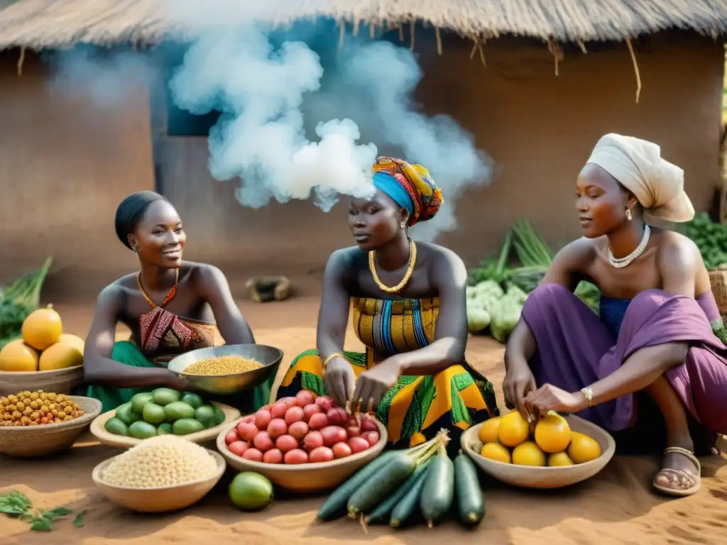 Mujeres africanas en vestimenta tradicional practicando técnicas de conservación de alimentos en África, rodeadas de coloridos productos locales