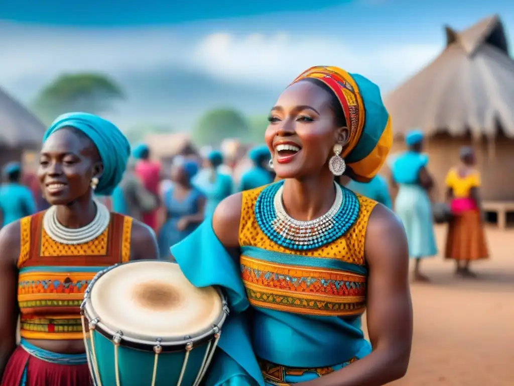 Mujeres africanas en vibrante festival de música tradicional, transmitiendo fuerza y alegría