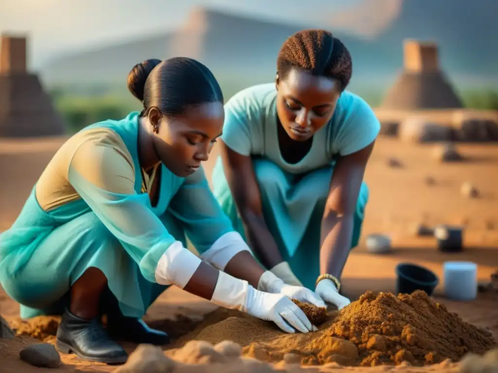 Mujeres arqueólogas desentierran artefactos en un sitio africano, mostrando la influencia de las mujeres en las civilizaciones africanas