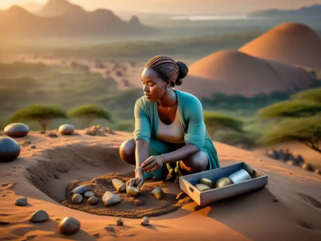 Mujeres arqueólogas excavando un sitio de entierro en África al atardecer, revelando artefactos antiguos