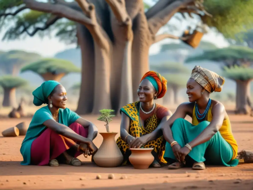 Artesanas africanas creando con alegría bajo el baobab Mujeres artesanas africanas crean arte bajo un baobab, destacando la importancia mujeres arte africano