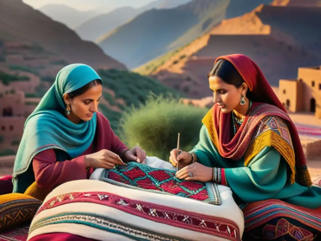 Mujeres bereberes bordando patrones geométricos en tela tradicional con las montañas del Atlas al fondo al amanecer