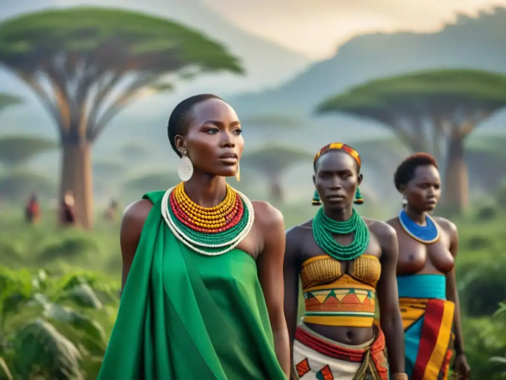 Mujeres de África Central antigua visten coloridas prendas tradicionales con significado en la exuberante sabana