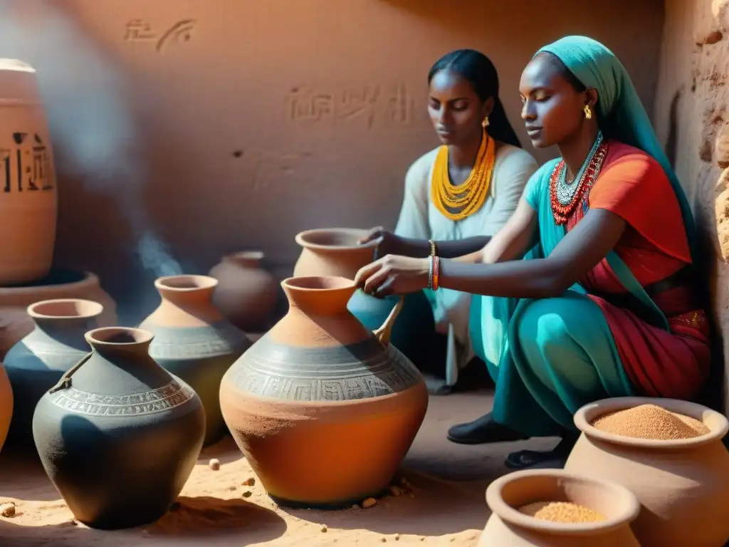 Mujeres elaborando cerveza en Nubia, con vestimenta tradicional y jeroglíficos en vasijas de barro, bajo el sol intenso