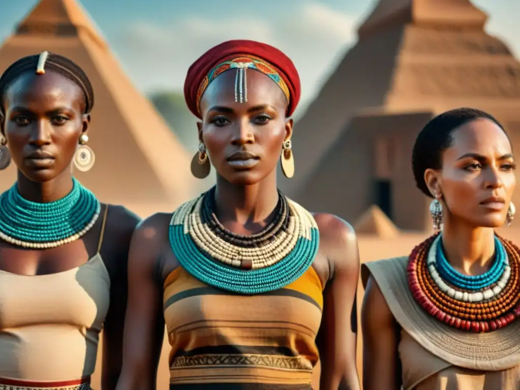 Mujeres en civilizaciones africanas antiguas realizando actividades cotidianas en un entorno culturalmente rico y diverso