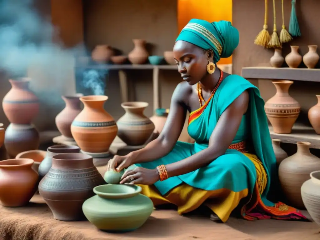 Mujeres en civilizaciones africanas antiguas haciendo cerámica, tejidos y cuidando cultivos en un bullicioso mercado ancestral