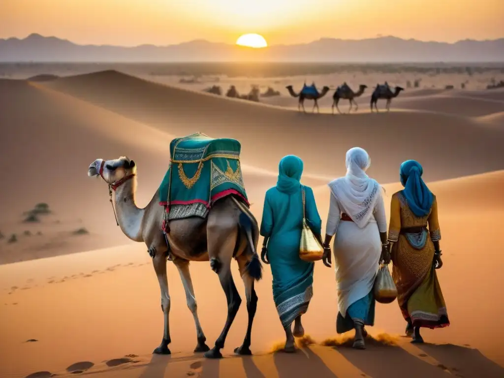 Mujeres comerciantes en el Sahara negocian con líder de caravana al atardecer