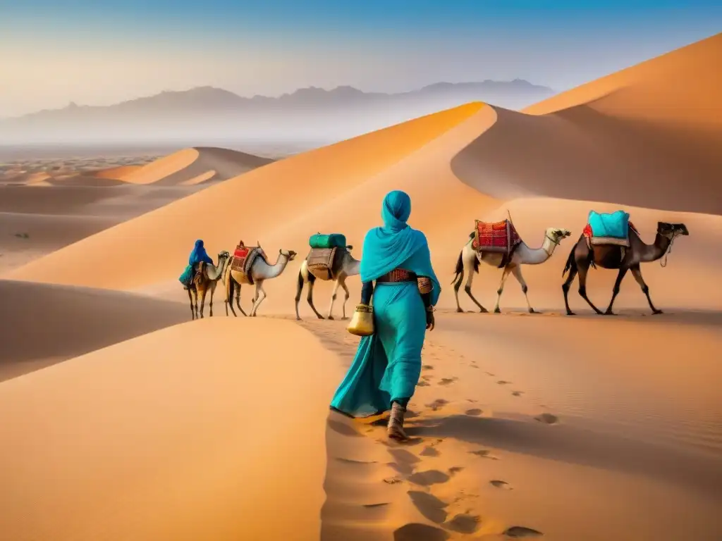 Mujeres en el Comercio Transahariano: Grupo de mujeres Tuareg orgullosas, caminando con camellos cargados en el desierto dorado del Sahara