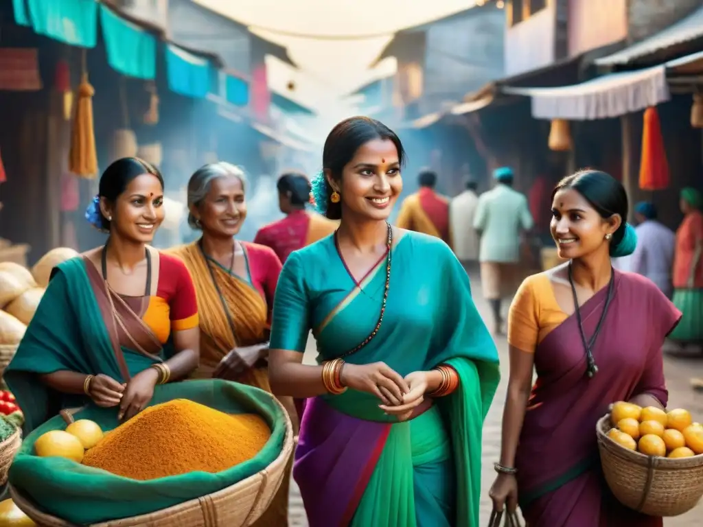 Mujeres en el Comercio Transahariano: Mercado vibrante, mujeres comerciantes en trajes tradicionales, negociando y comerciando en la histórica ruta