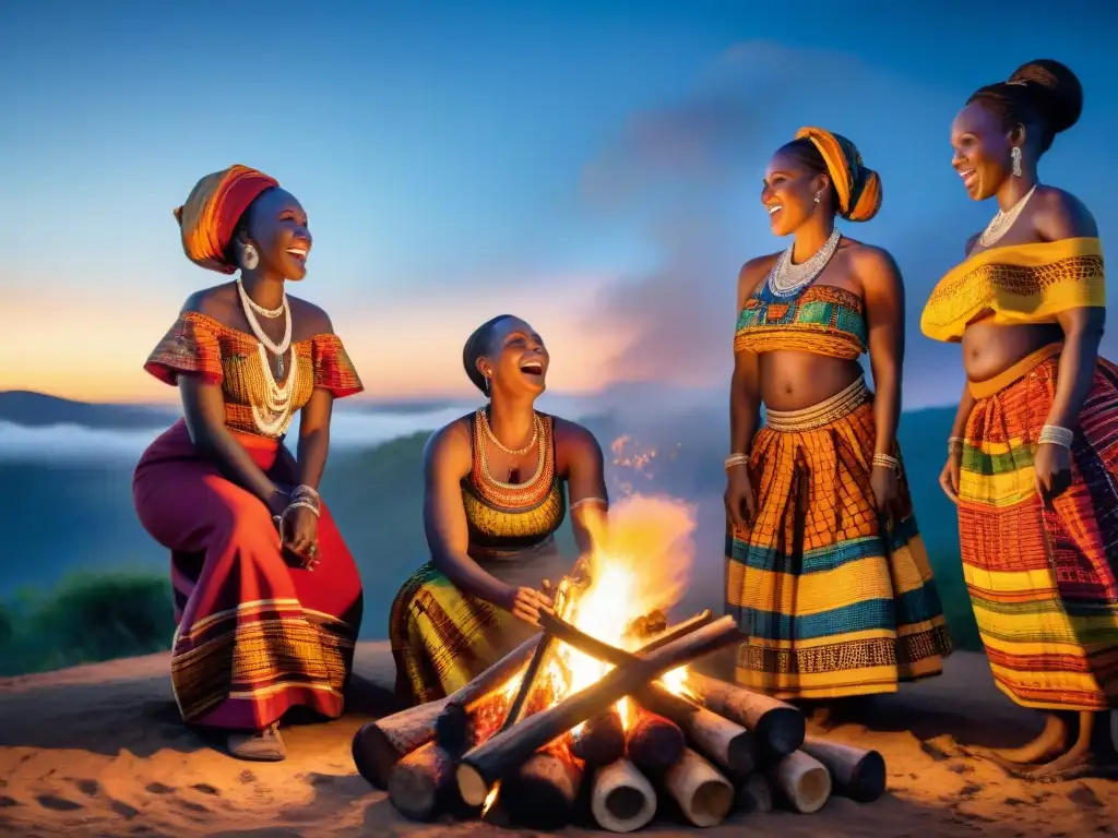 Mujeres en la conservación cultural africana: Grupo de mujeres africanas danzando alrededor de una fogata bajo un cielo estrellado